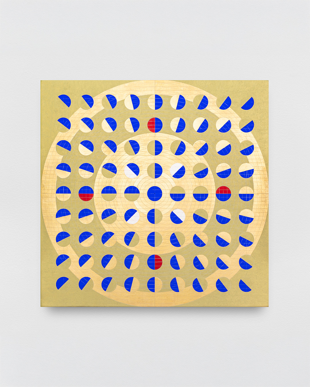Gabriel Orozco’s square gold painting with blue and pale circular forms and small red accents.