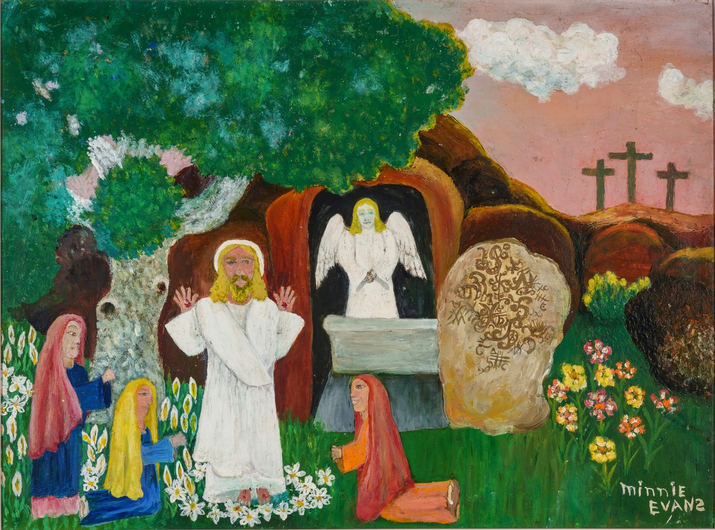 Minnie Evans's 1960 painting Resurrection, showing the Marys around Christ smiling.