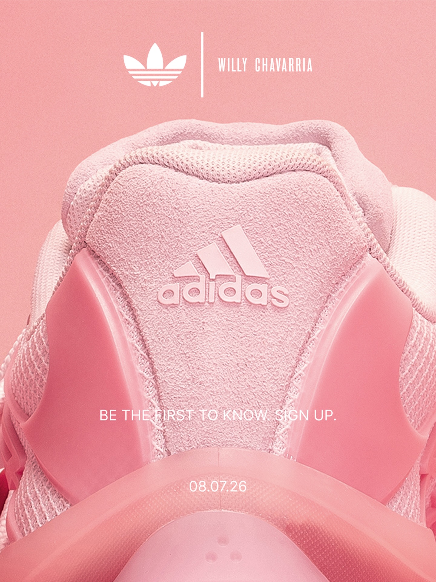 The Willy Chavarria x adidas Megaride AG XL sneaker in a clear pink and powder red colorway with its sculpted Megaride midsole.