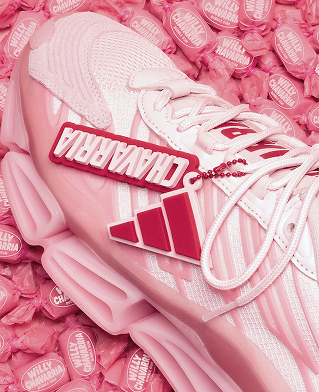 Willy Chavarria pink adidas Originals Megaride AG XL sneaker with translucent overlays and red lettering on the tongue
