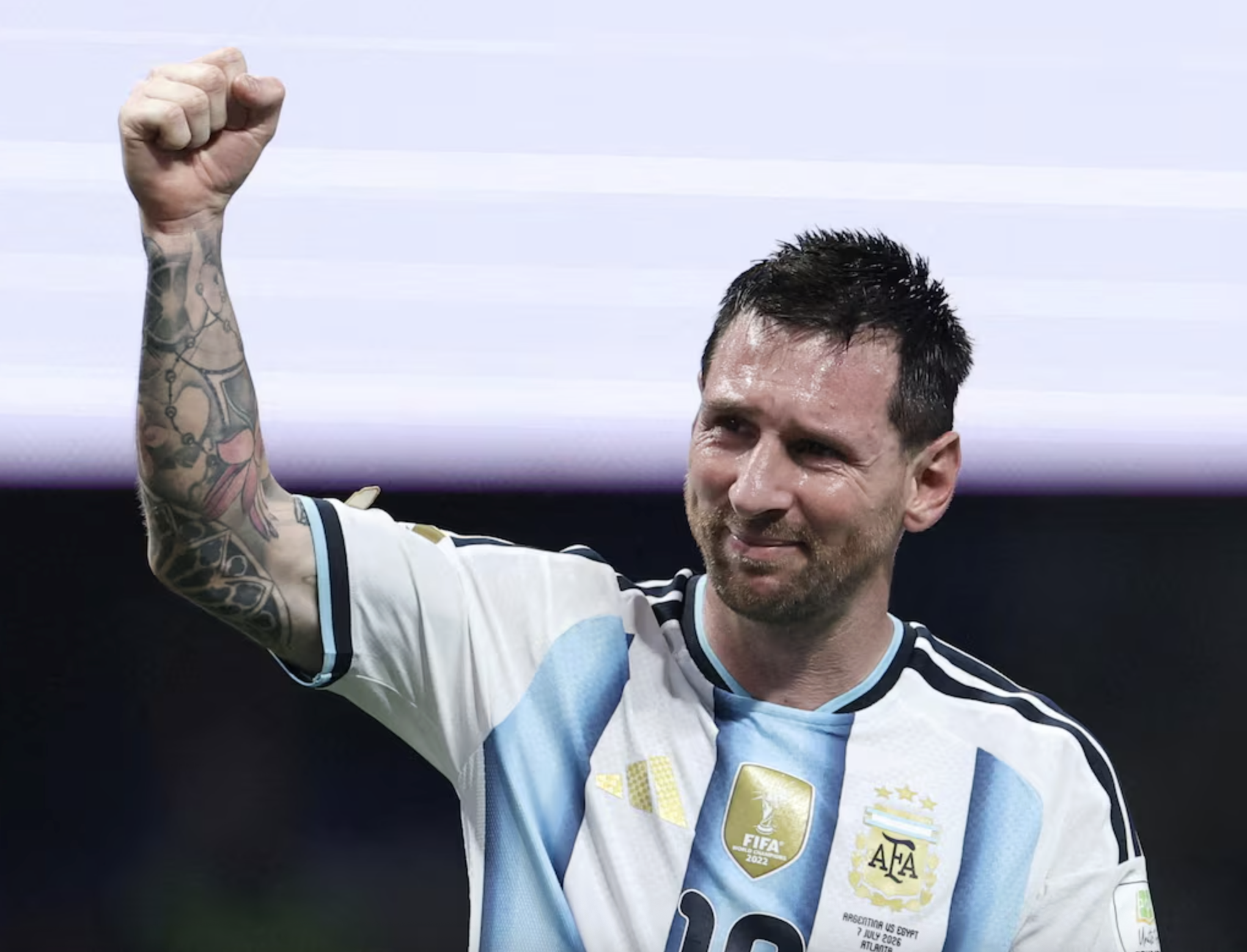 Lionel Messi celebrating during Argentina's 3-2 comeback win over Egypt at the 2026 World Cup in Atlanta