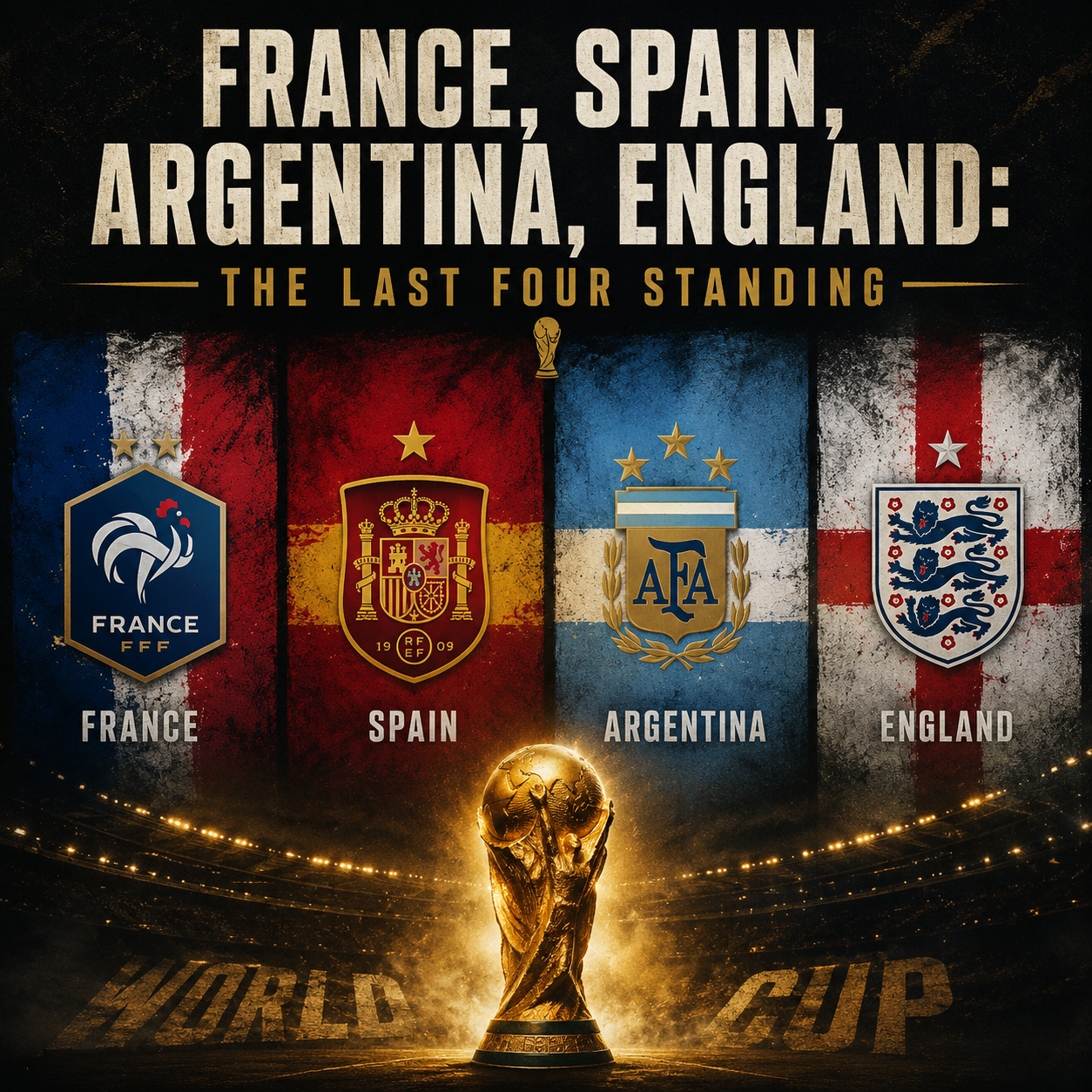 The four 2026 World Cup semifinalists, France, Spain, Argentina and England