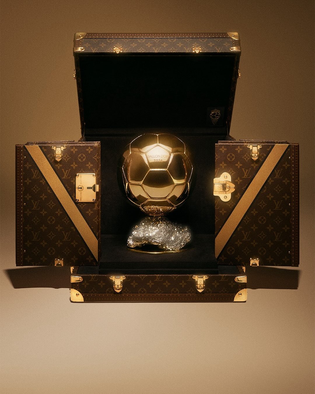 The Ballon d'Or trophy in its travel trunk ahead of the 2026 ceremony in London
