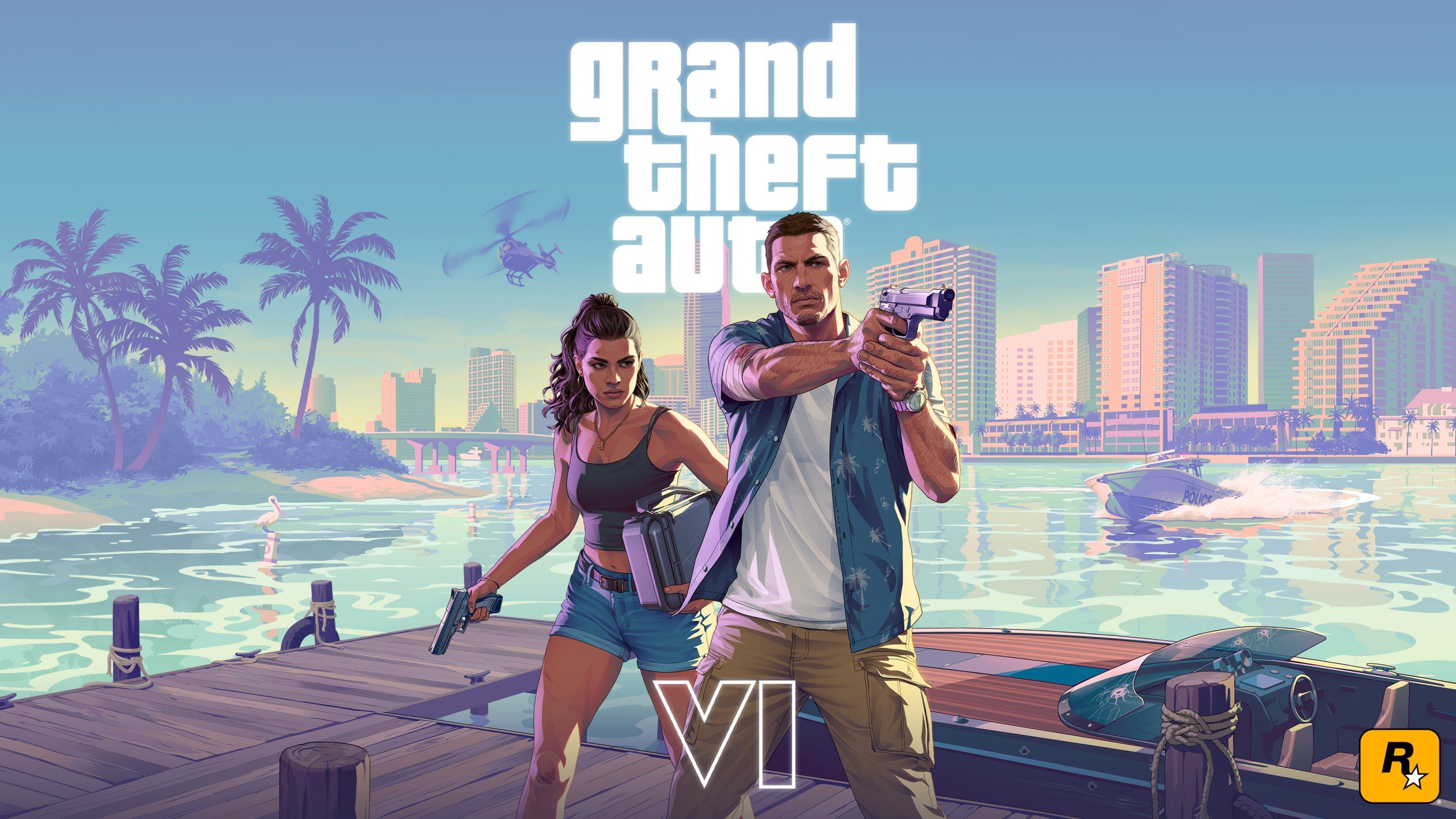 Official Grand Theft Auto VI artwork showing Lucia and Jason on a dock with guns drawn and a police boat behind them
