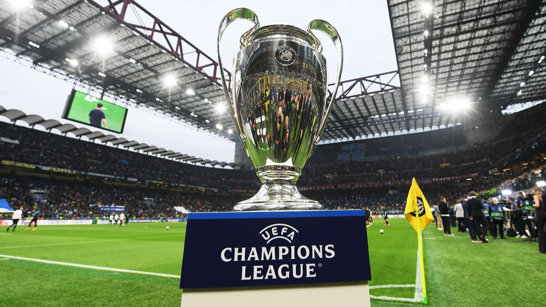 The UEFA Champions League trophy on display pitchside before a match