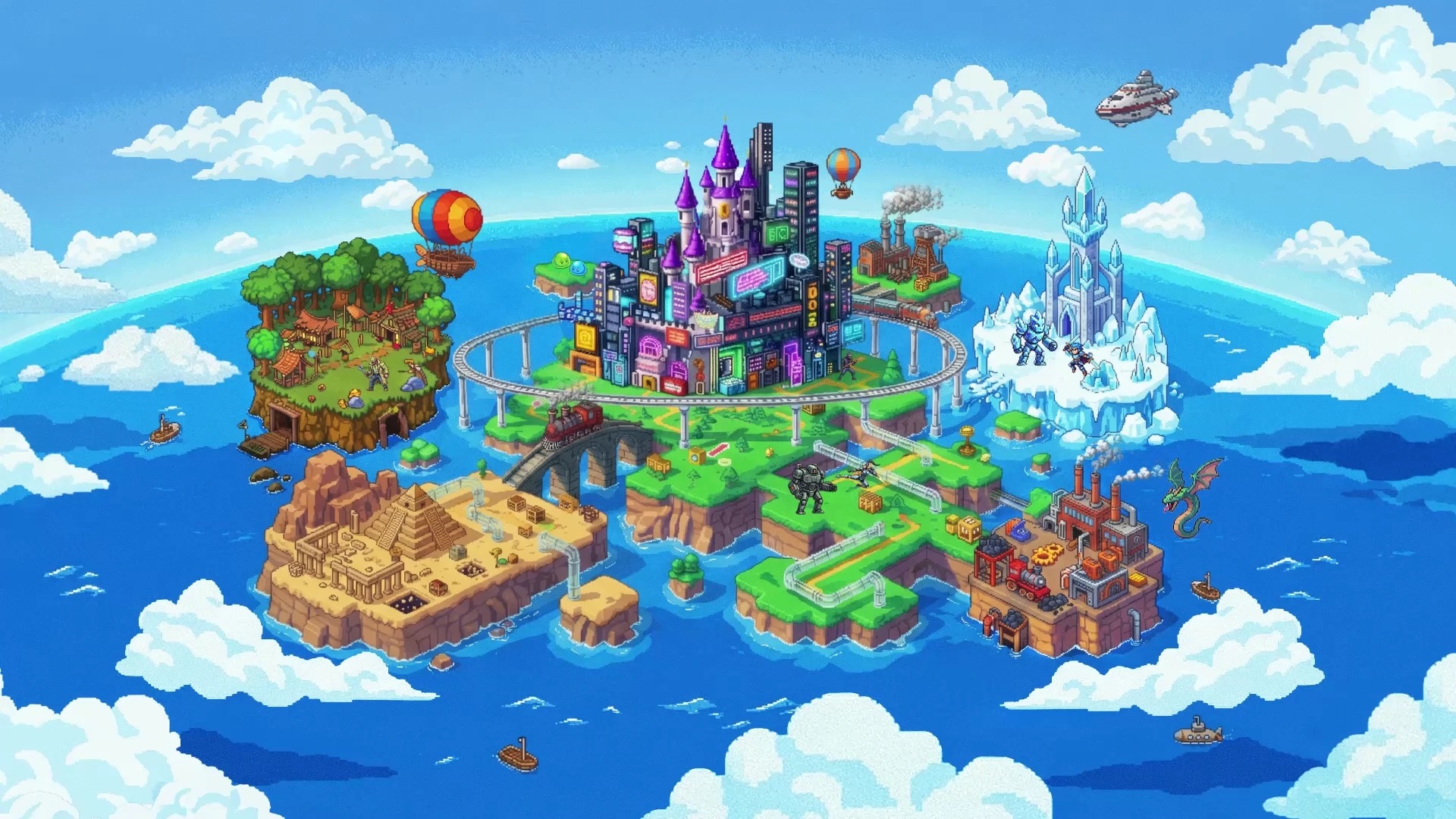 Google Playground promo art showing a pixel art world of floating islands with a castle city, ice palace, desert ruins and factory
