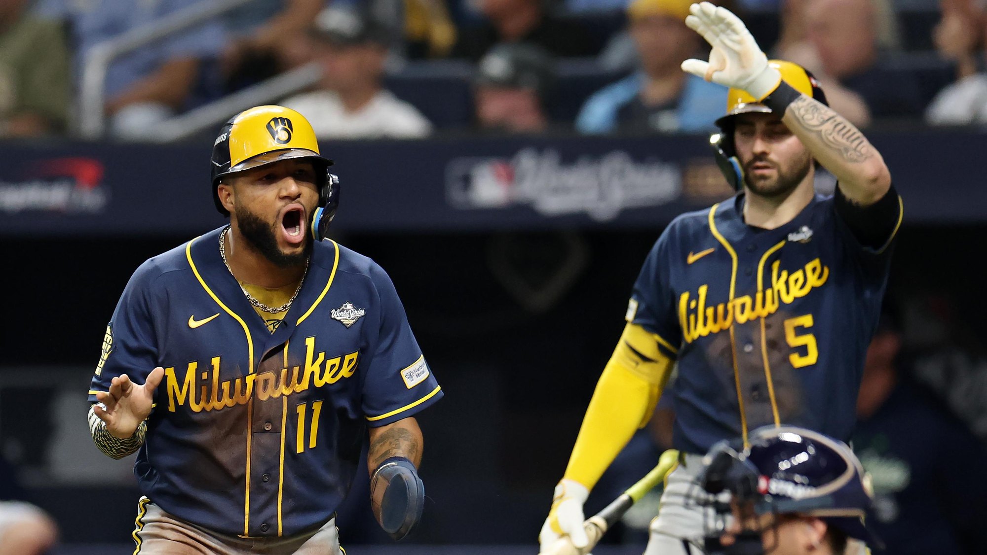 Milwaukee Brewers players celebrate during the 2026 World Series against the Tampa Bay Rays