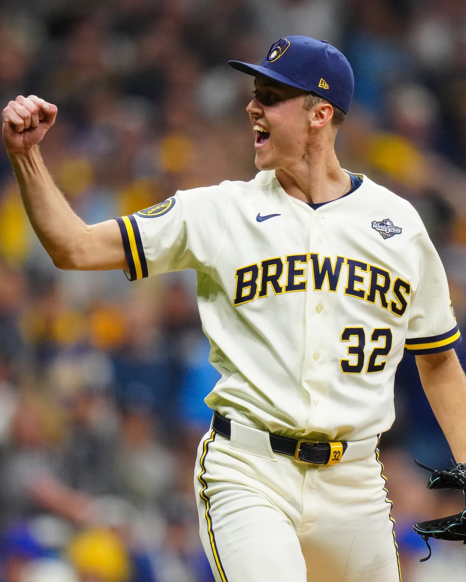 Jacob Misiorowski of the Milwaukee Brewers pumps his fist during Game 1 of the 2026 World Series